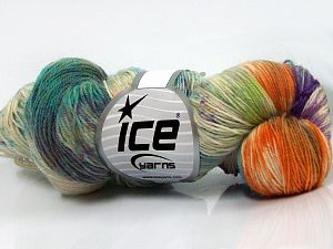 Hand Dyed Sock Yarn Green Shades, Purple, Orange, Cream