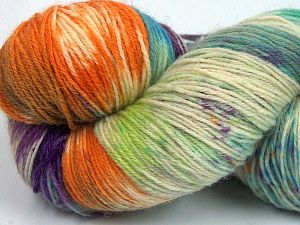 Hand Dyed Sock Yarn Green Shades, Purple, Orange, Cream
