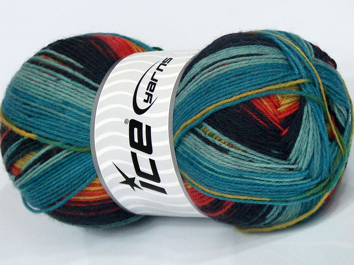 Lot of 4 x 100gr Skeins Ice Yarns PRINT SOCK (75% Superwash Wool) Yarn Turquoise Shades Dark Navy Green Orange - photo 2