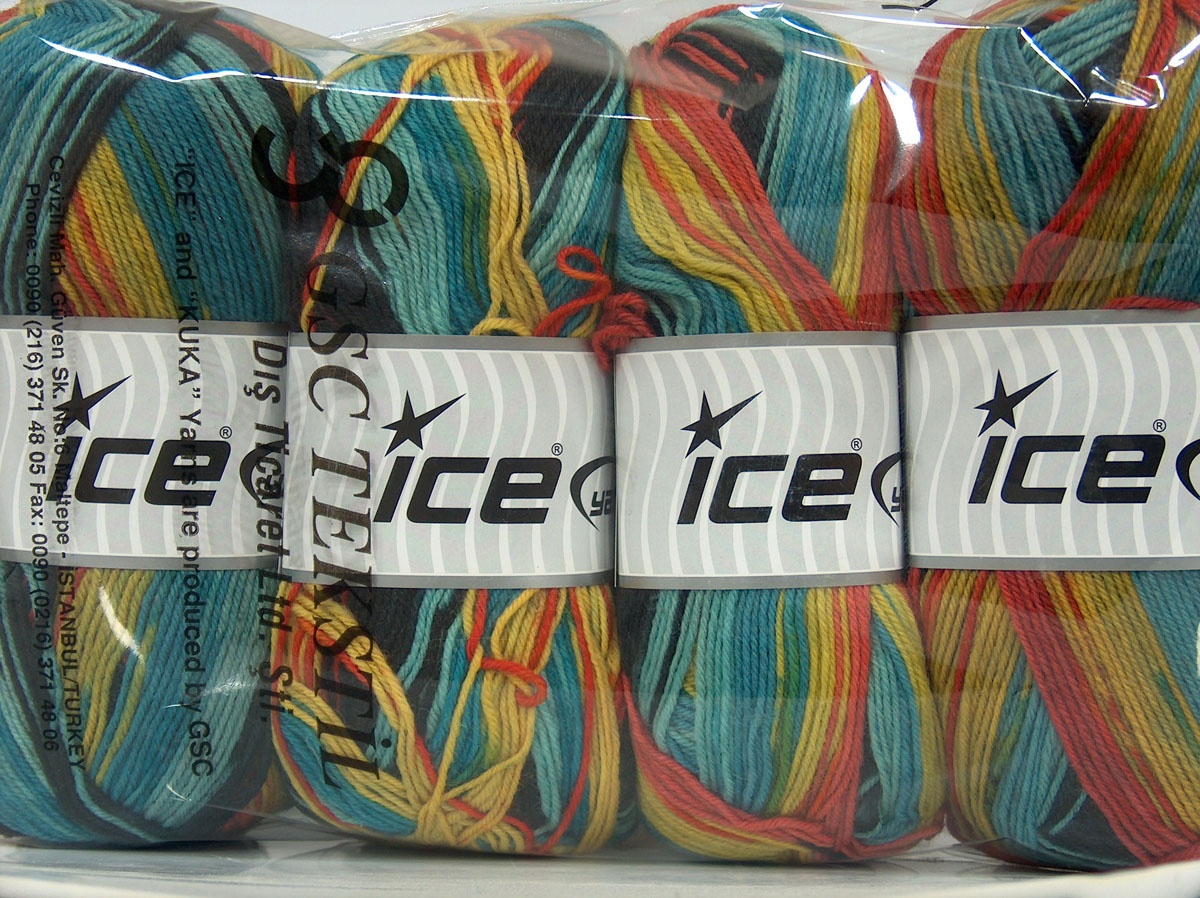 Lot of 4 x 100gr Skeins Ice Yarns PRINT SOCK (75% Superwash Wool) Yarn Turquoise Shades Dark Navy Green Orange - photo 4