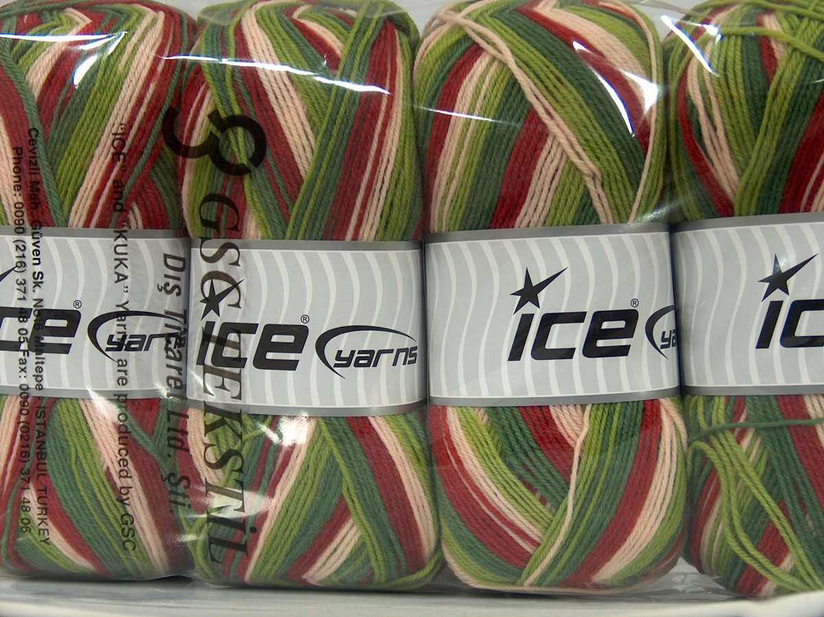 Lot of 4 x 100gr Skeins Ice Yarns PRINT SOCK (75% Superwash Wool) Yarn Light Beige Red Green Shades - photo 4
