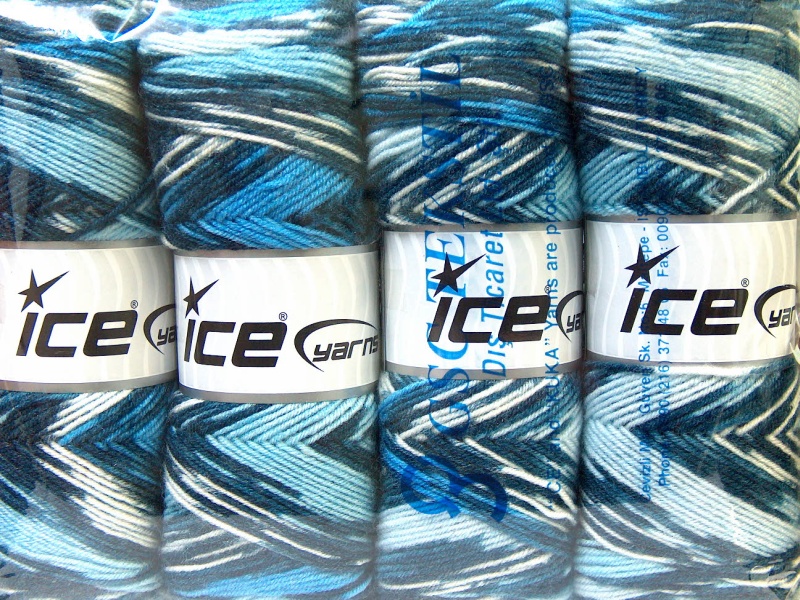 Lot of 4 x 100gr Skeins ICE BONITO ETHNIC (50% Wool) Yarn Blue Shades White - photo 4