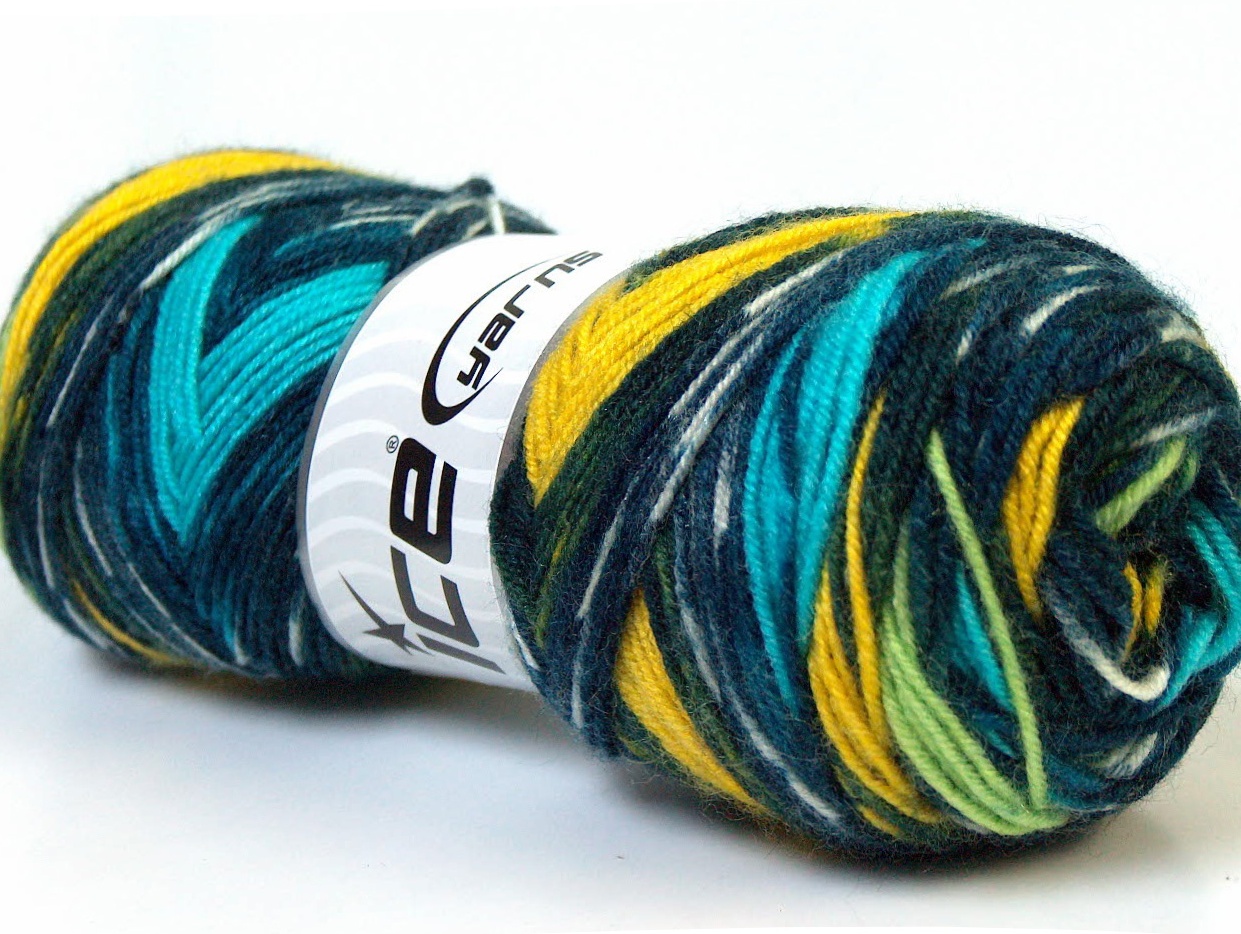 Lot of 4 x 100gr Skeins ICE BONITO ETHNIC (50% Wool) Yarn Navy Turquoise Yellow White - photo 2