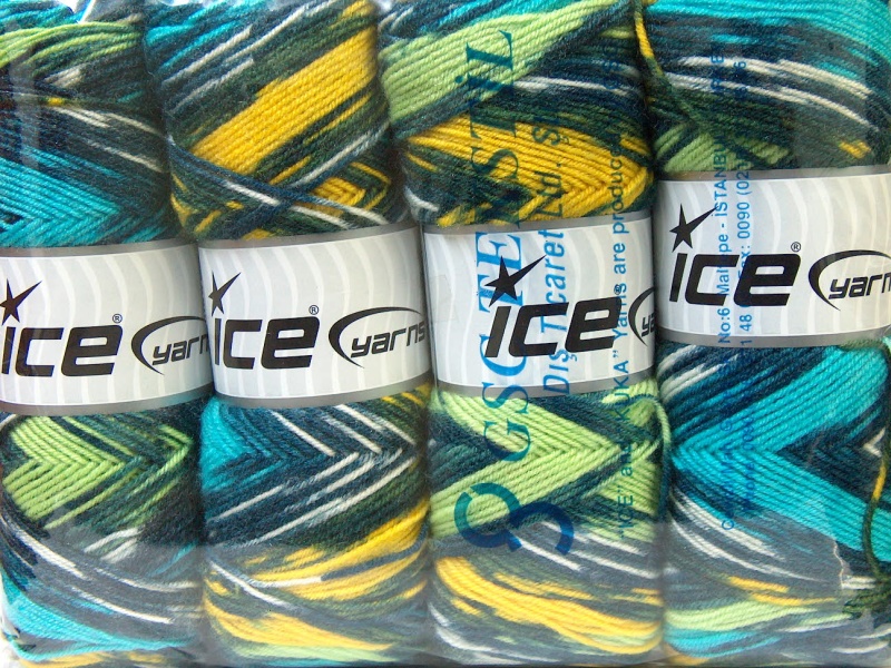 Lot of 4 x 100gr Skeins ICE BONITO ETHNIC (50% Wool) Yarn Navy Turquoise Yellow White - photo 4